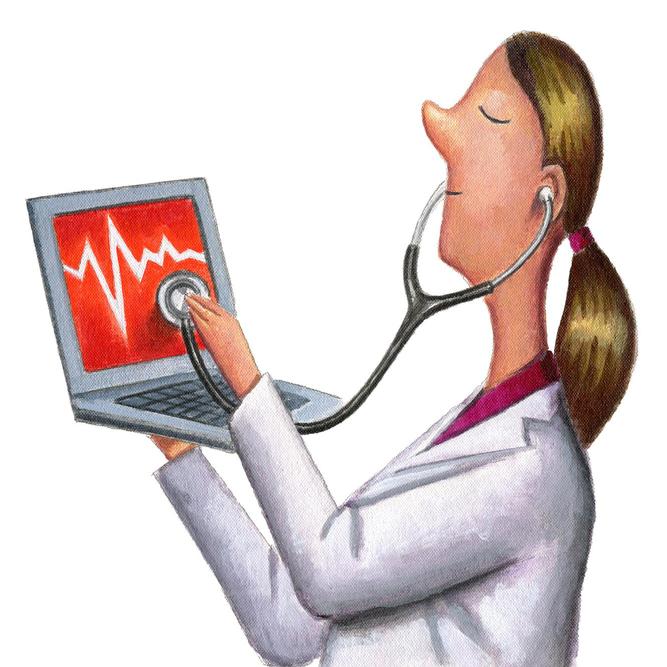 illustration of a doctor holding a stethoscope up to a laptop